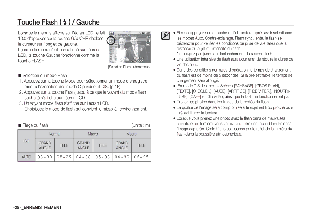 Samsung EC-S1050BBB/E2 manual Touche Flash / Gauche, Sélection du mode Flash, Auto 0.8 ~ 3.0 0.8 ~ ~ 0.8 0.5 ~ ~ 3.0 0.5 ~ 