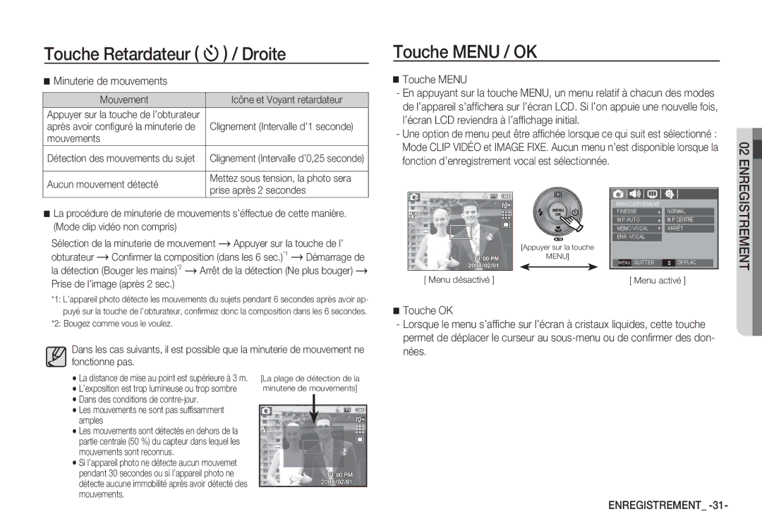 Samsung EC-S1060SBA/E2, EC-S1060BDA/E3, EC-S1060SDA/E3, EC-S1050BDA/DE manual Touche Menu / OK, Minuterie de mouvements 