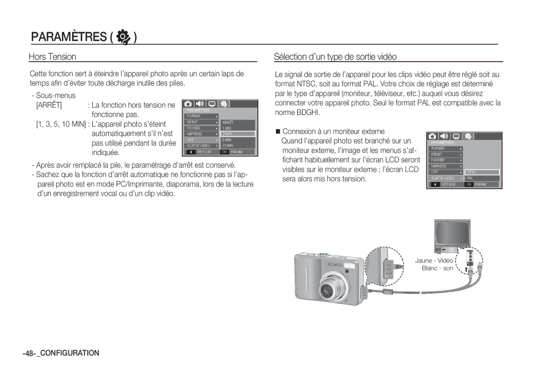 Samsung EC-S1060S01KFR, EC-S1060BDA/E3 Hors Tension, Sélection d’un type de sortie vidéo, Connexion à un moniteur externe 