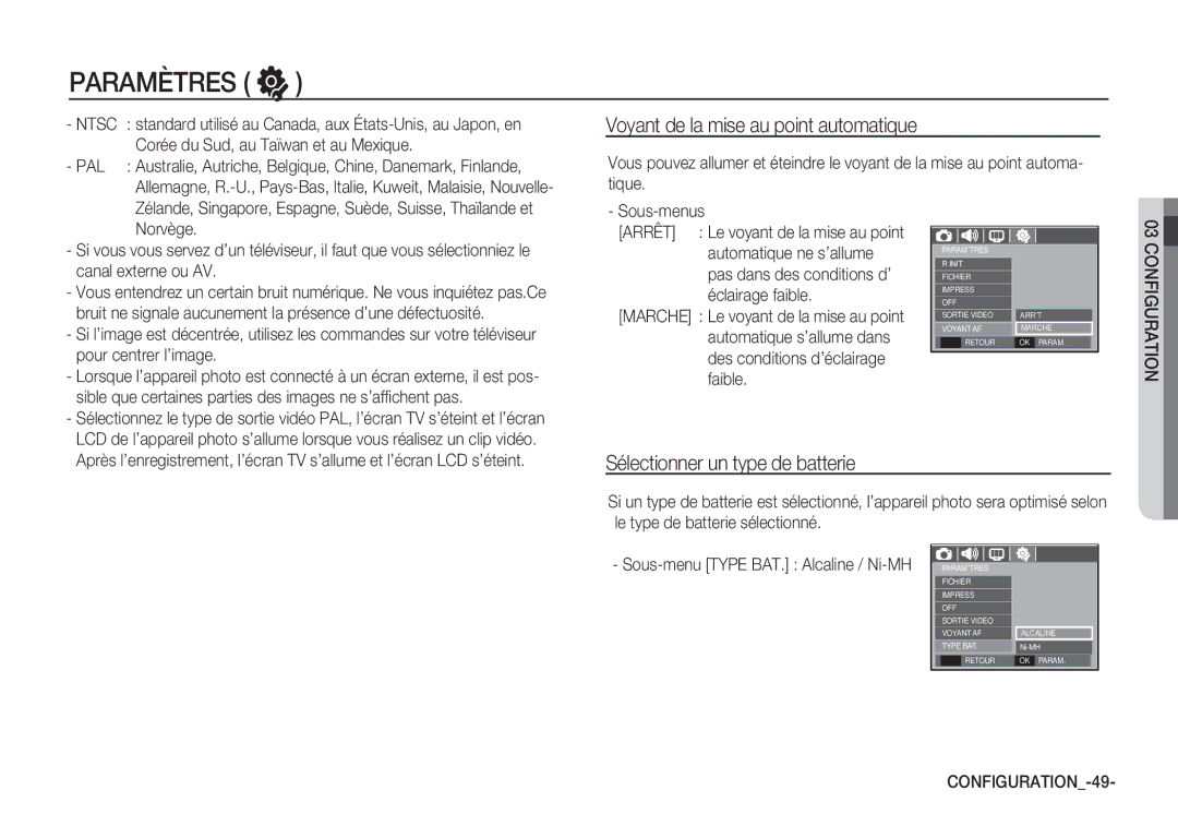 Samsung EC-S1050SBB/E2 manual Voyant de la mise au point automatique, Sélectionner un type de batterie, Canal externe ou AV 