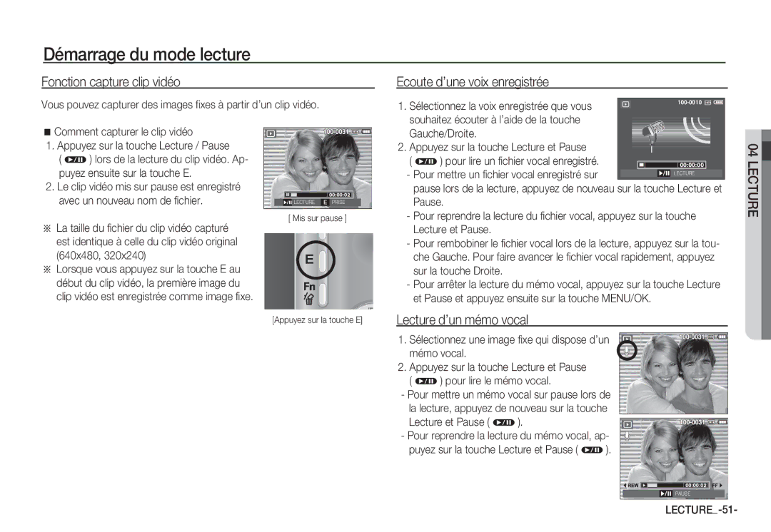 Samsung EC-S1060BBA/E2, EC-S1060BDA/E3 Fonction capture clip vidéo, Ecoute d’une voix enregistrée, Lecture d’un mémo vocal 