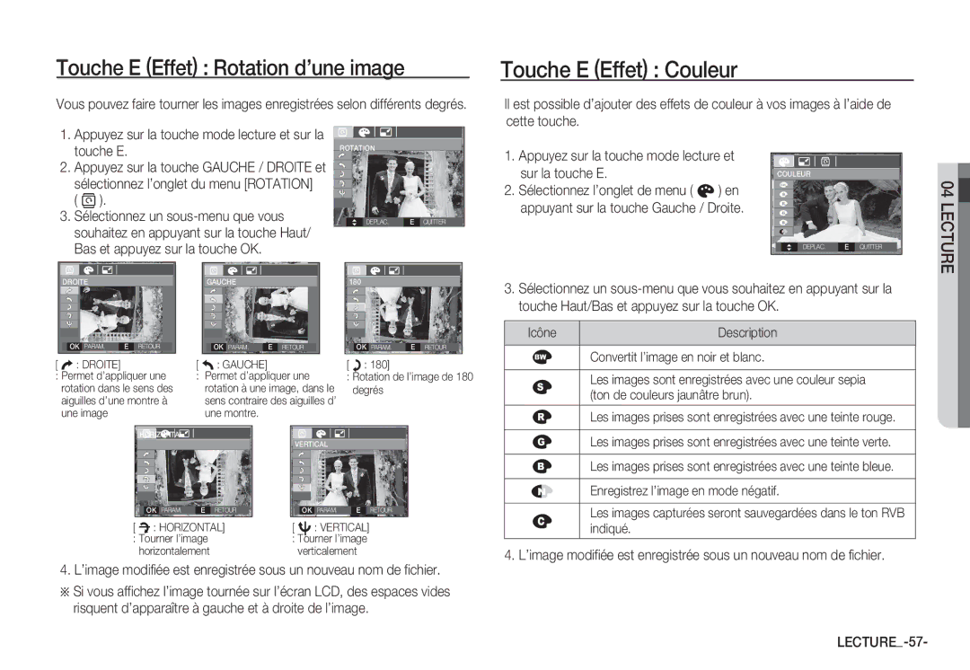 Samsung EC-S1050SFB/FR, EC-S1060BDA/E3 manual Touche E Effet Couleur, Sur la touche E, Appuyez sur la touche mode lecture et 