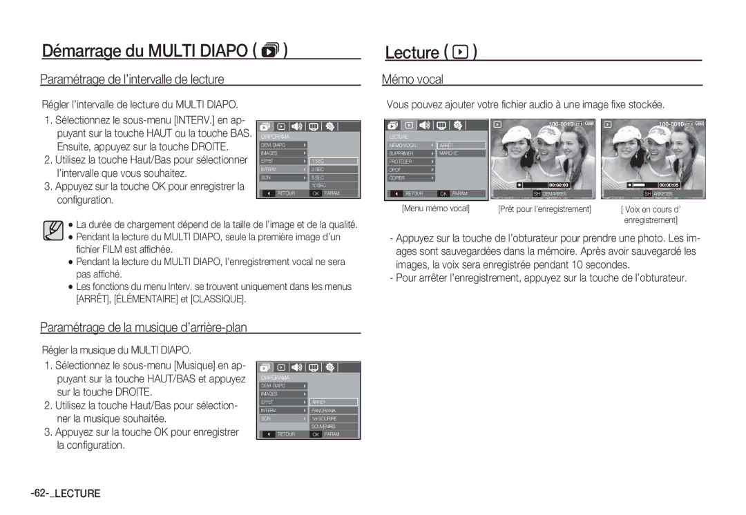 Samsung EC-S1050BDA/DE manual Démarrage du Multi Diapo  Lecture à, Paramétrage de l’intervalle de lecture Mémo vocal 