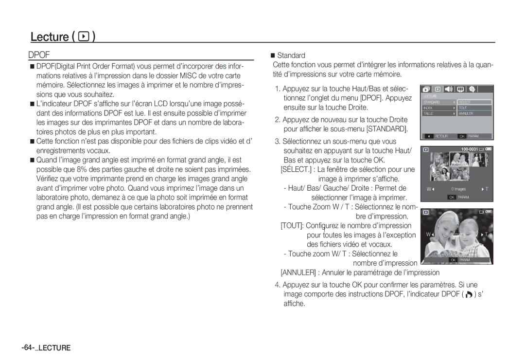 Samsung EC-S1050SBB/E2 manual Standard, Ensuite sur la touche Droite, Sélectionnez un sous-menu que vous, Bre d’impression 