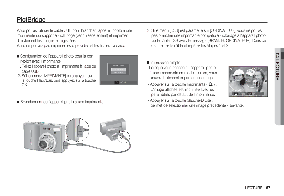 Samsung EC-S1050BBA/FR, EC-S1060BDA/E3 manual PictBridge, Impression simple, Lorsque vous connectez l’appareil photo 