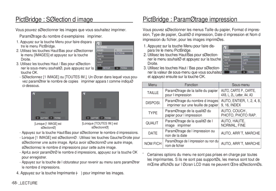 Samsung EC-S1060SBA/FR, EC-S1060BDA/E3, EC-S1060SDA/E3 manual PictBridge Sélection d’image, PictBridge Paramétrage impression 