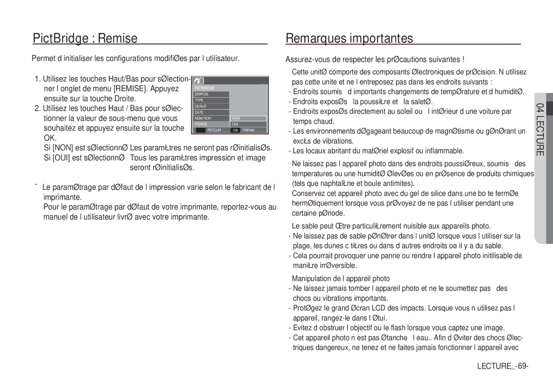 Samsung EC-S1060B01KFR manual PictBridge Remise, Remarques importantes, Assurez-vous de respecter les précautions suivantes 