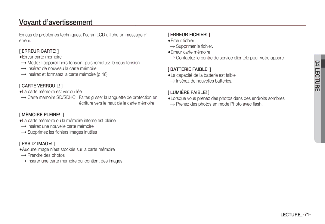 Samsung EC-S1060BBA/FR Voyant d’avertissement, La carte mémoire est verrouillée, Écriture vers le haut de la carte mémoire 