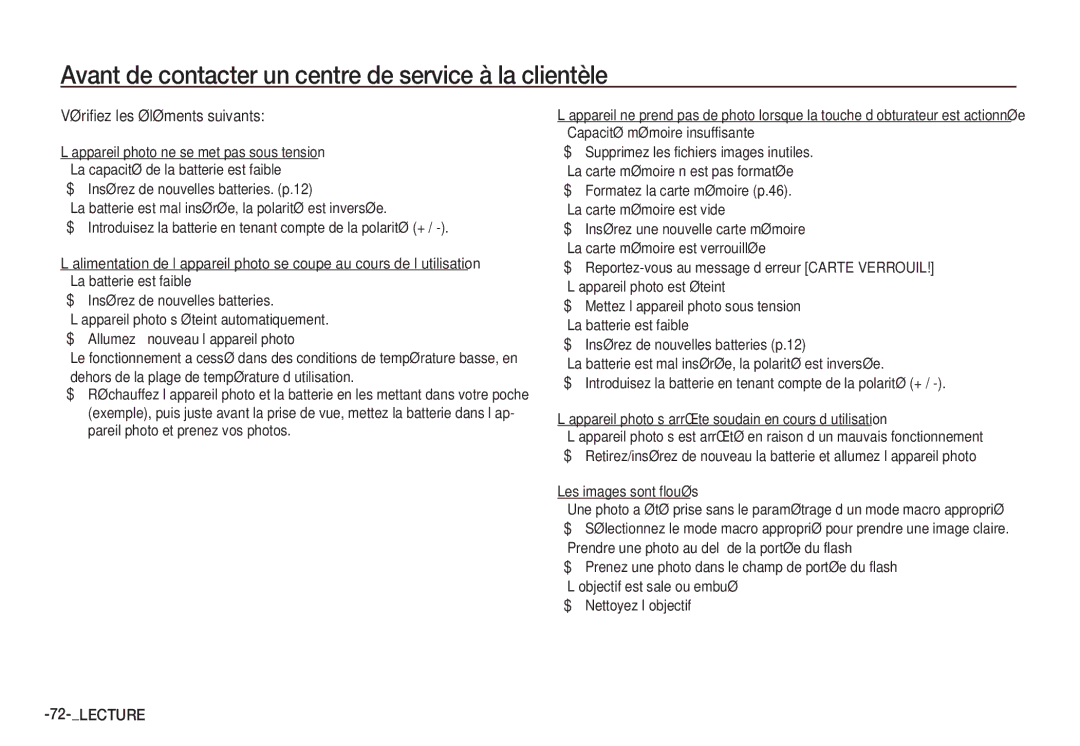 Samsung EC-S1050SFB/FR manual Avant de contacter un centre de service à la clientèle, Vérifiez les éléments suivants 