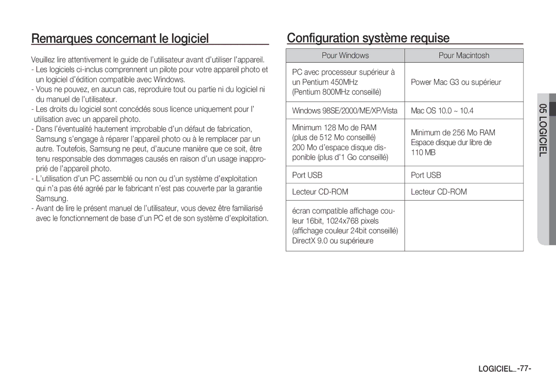 Samsung EC-S1050BDA/DE, EC-S1060BDA/E3, EC-S1060SDA/E3 manual Remarques concernant le logiciel, Configuration système requise 