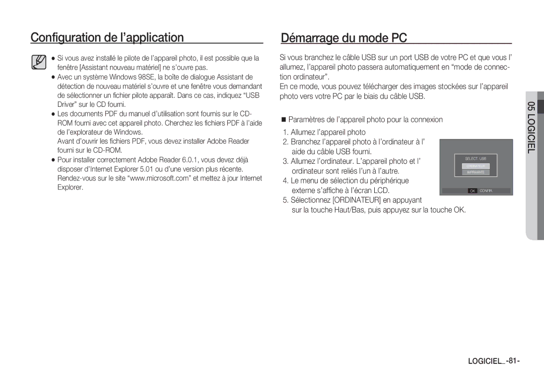 Samsung EC-S1060BBA/E2, EC-S1060BDA/E3, EC-S1060SDA/E3 Démarrage du mode PC, Allumez l’ordinateur. L’appareil photo et l’ 