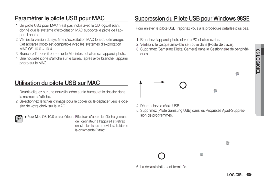 Samsung EC-S1050SDA/DE, EC-S1060BDA/E3, EC-S1060SDA/E3 Paramétrer le pilote USB pour MAC, Utilisation du pilote USB sur MAC 