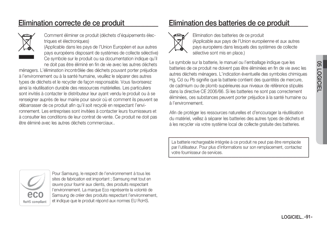 Samsung EC-S1060SBA/E2, EC-S1060BDA/E3 manual Elimination correcte de ce produit, Elimination des batteries de ce produit 