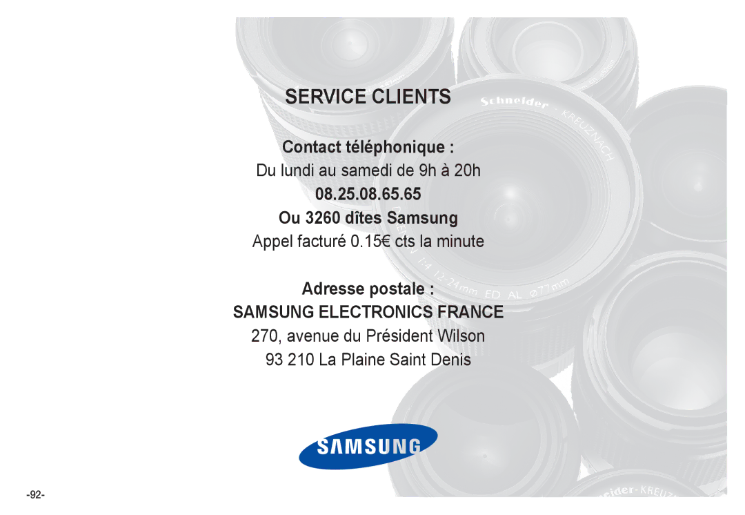 Samsung EC-S1050BDA/DE, EC-S1060BDA/E3, EC-S1060SDA/E3 Du lundi au samedi de 9h à 20h, Appel facturé 0.15€ cts la minute 