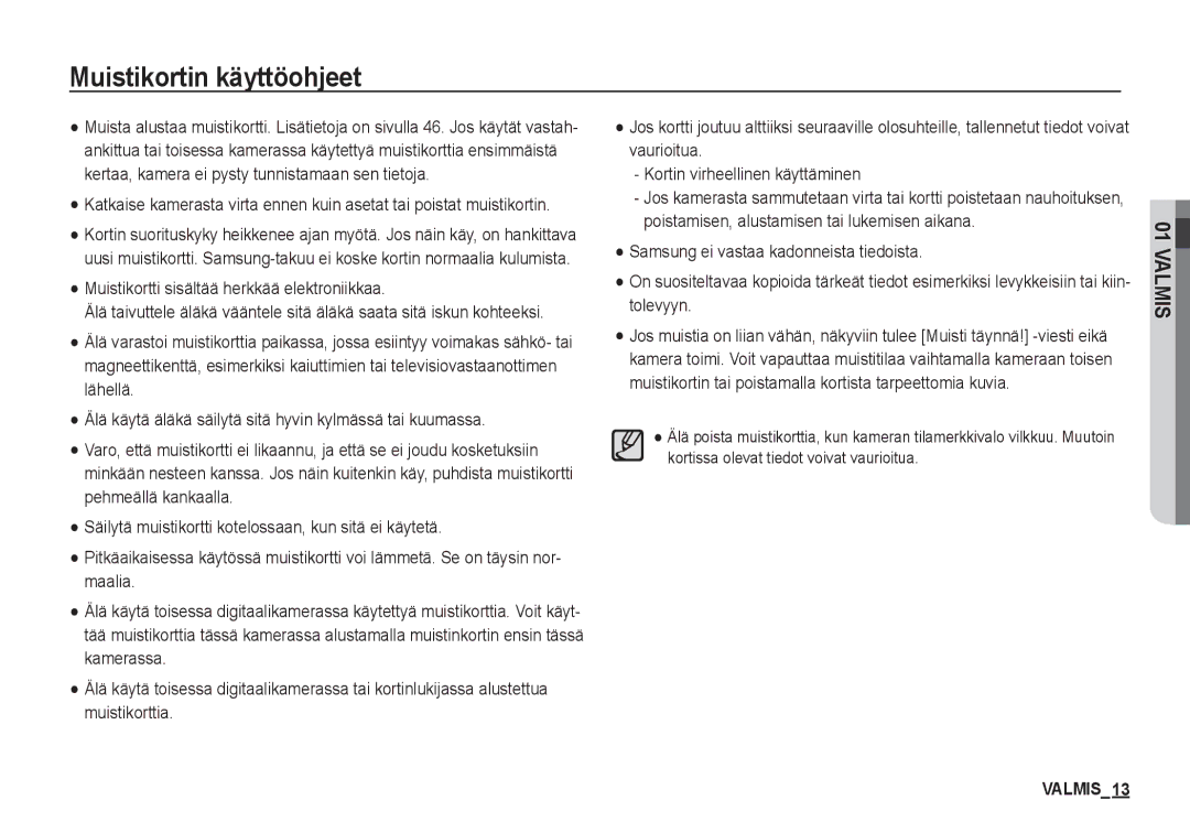 Samsung EC-S1050BDA/DE, EC-S1060BDA/E3 manual Muistikortin käyttöohjeet, Muistikortti sisältää herkkää elektroniikkaa 