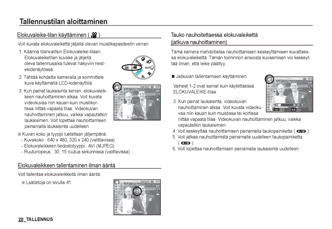 Samsung EC-S1050SBC/E2, EC-S1060BDA/E3 manual Elokuvaleike-tilan käyttäminen ´, Elokuvaleikkeen tallentaminen ilman ääntä 