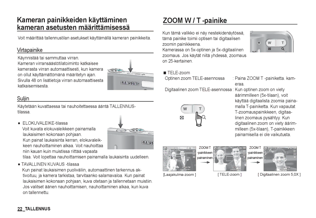 Samsung EC-S1060SDA/E3, EC-S1060BDA/E3, EC-S1060SBA/E2, EC-S1050BDA/DE manual Zoom W / T -painike, Virtapainike, Suljin 