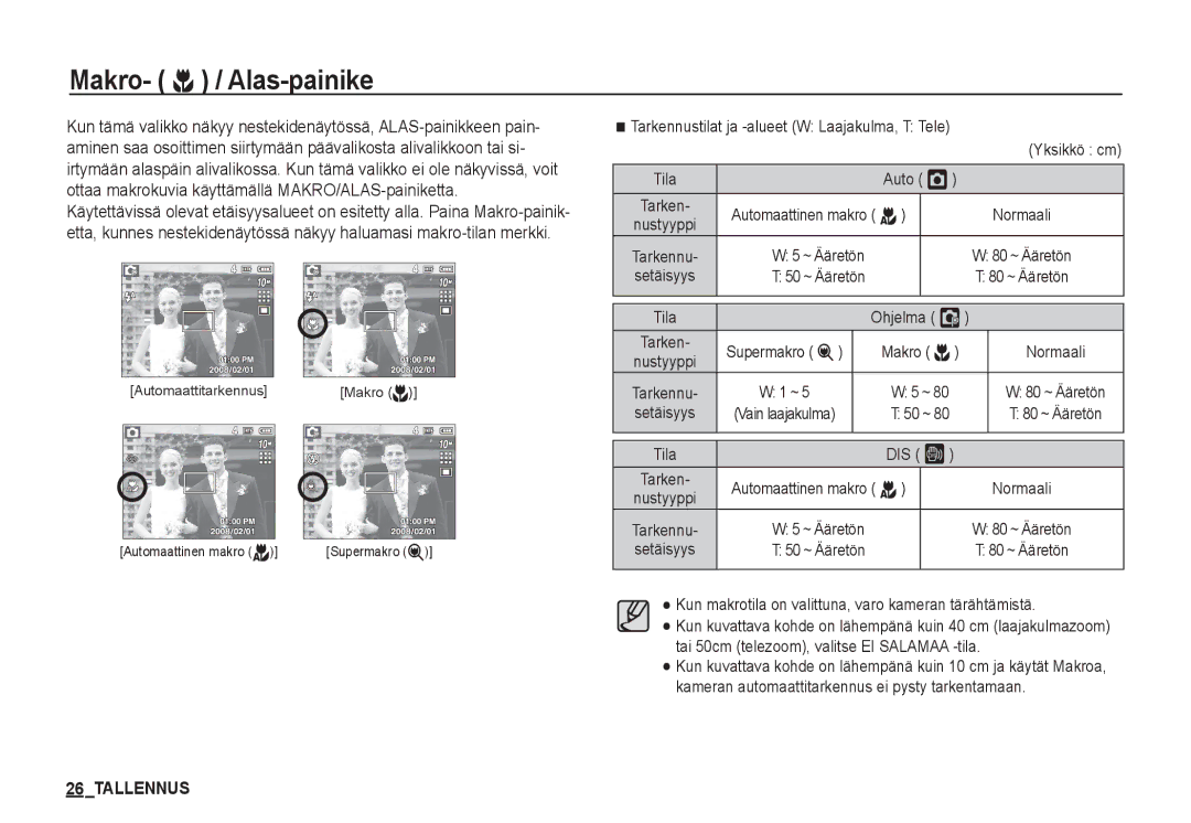 Samsung EC-S1060BBA/E2, EC-S1060BDA/E3, EC-S1060SDA/E3, EC-S1060SBA/E2, EC-S1050BDA/DE, EC-S1050SBB/E2 Makro- e / Alas-painike 