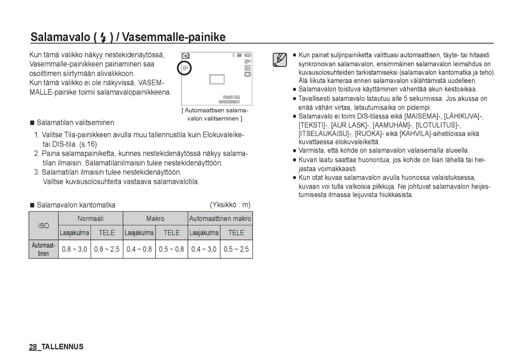 Samsung EC-S1050BBB/E2, EC-S1060BDA/E3, EC-S1060SDA/E3 manual Salamavalo / Vasemmalle-painike, Salamatilan valitseminen 