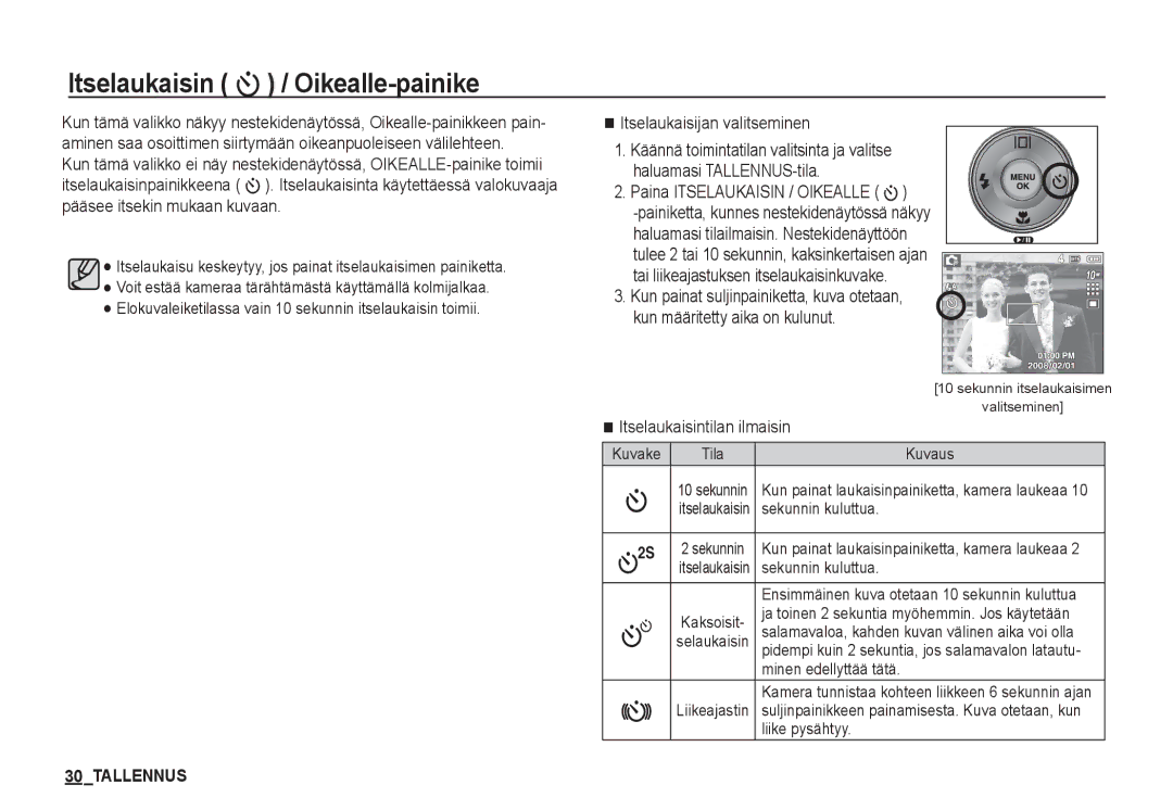 Samsung EC-S1050BBC/E2, EC-S1060BDA/E3, EC-S1060SDA/E3, EC-S1060SBA/E2, EC-S1050BDA/DE manual Itselaukaisin / Oikealle-painike 