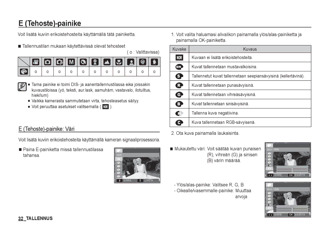 Samsung EC-S1060BDA/E3, EC-S1060SDA/E3 † Š ‰, Tehoste-painike Väri, Värin määrää Ylös/alas-painike Valitsee R, G, B 