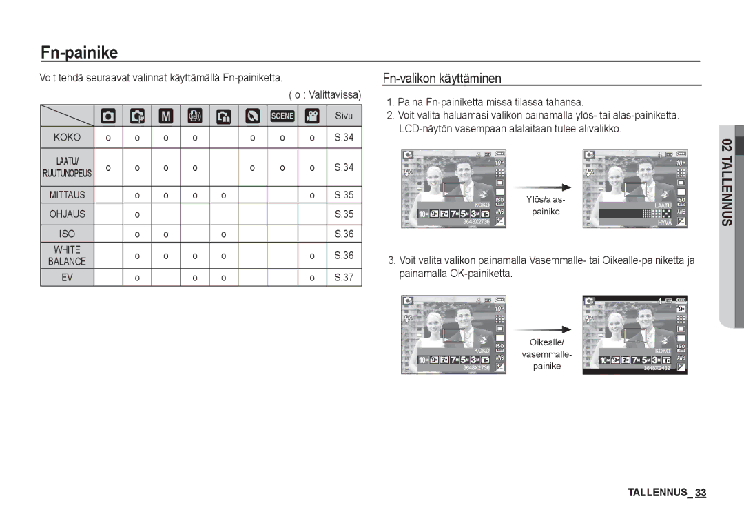 Samsung EC-S1060SDA/E3 manual ‰ ÿ, Fn-valikon käyttäminen, Voit tehdä seuraavat valinnat käyttämällä Fn-painiketta 