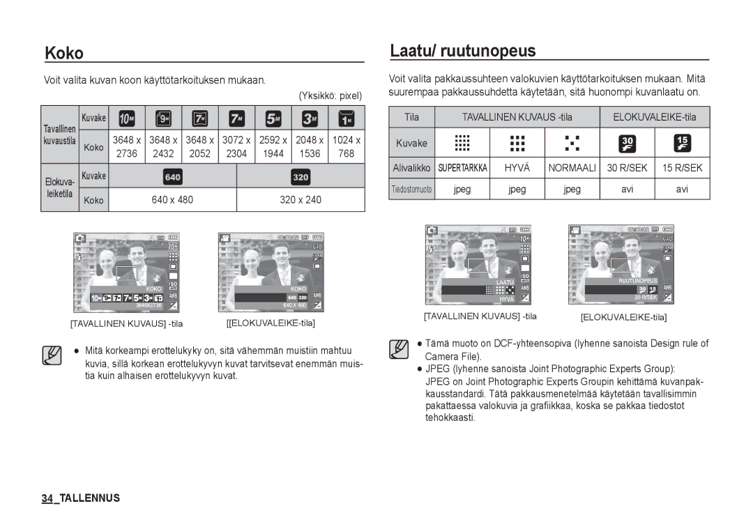 Samsung EC-S1060SBA/E2, EC-S1060BDA/E3 manual Koko, Laatu/ ruutunopeus, Voit valita kuvan koon käyttötarkoituksen mukaan 