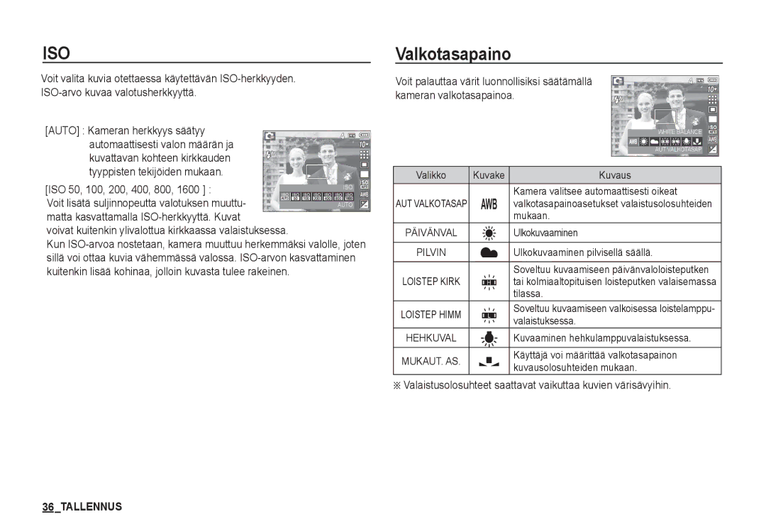 Samsung EC-S1050SBB/E2, EC-S1060BDA/E3, EC-S1060SDA/E3, EC-S1060SBA/E2 manual Valkotasapaino, ISO 50, 100, 200, 400, 800 