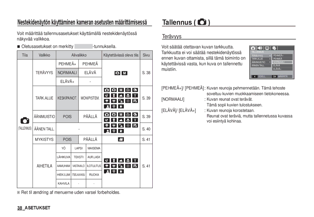 Samsung EC-S1050SDA/DE, EC-S1060BDA/E3 Tallennus, Terävyys, Ret til ændring af menuerne uden varsel forbeholdes, Muistiin 