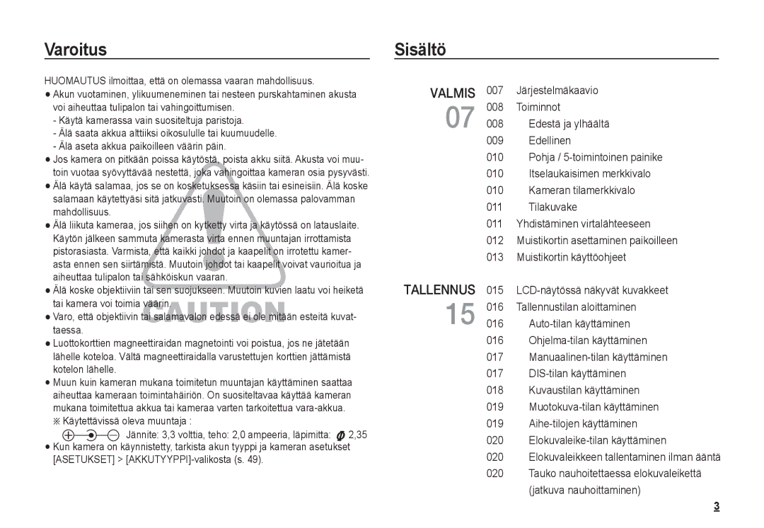 Samsung EC-S1050SBB/E2, EC-S1060BDA/E3, EC-S1060SDA/E3 manual Sisältö, Jatkuva nauhoittaminen, Käytettävissä oleva muuntaja 