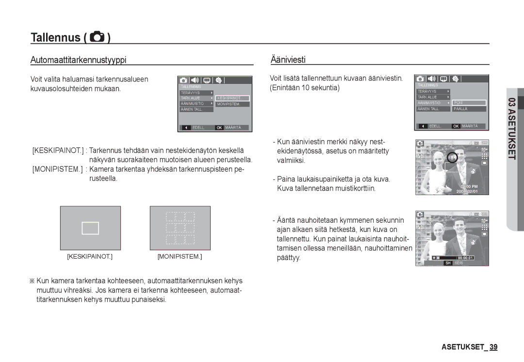 Samsung EC-S1050BBB/E2, EC-S1060BDA/E3, EC-S1060SDA/E3, EC-S1060SBA/E2 manual Automaattitarkennustyyppi Ääniviesti, Asetukset 