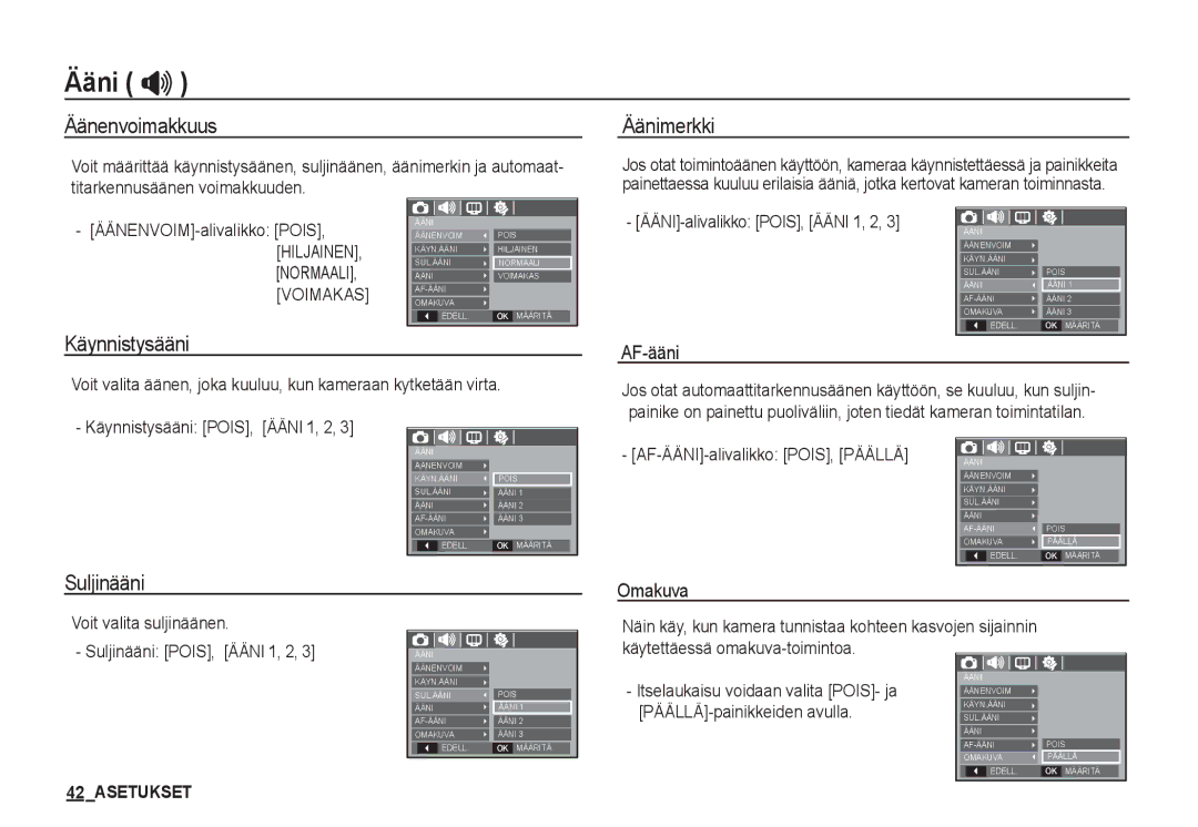 Samsung EC-S1050SBC/E2, EC-S1060BDA/E3, EC-S1060SDA/E3 manual Ääni , Äänenvoimakkuus, Äänimerkki, Käynnistysääni, Suljinääni 