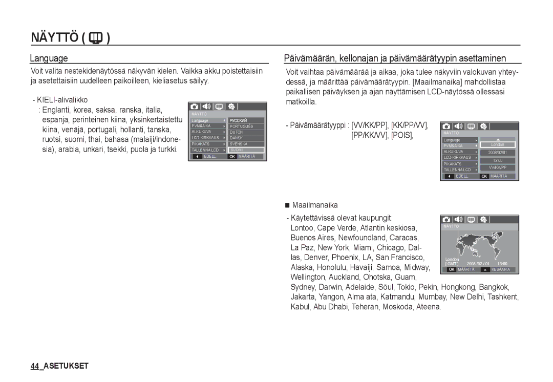 Samsung EC-S1060SDA/E3, EC-S1060BDA/E3, EC-S1060SBA/E2 Language, Päivämäärän, kellonajan ja päivämäärätyypin asettaminen 