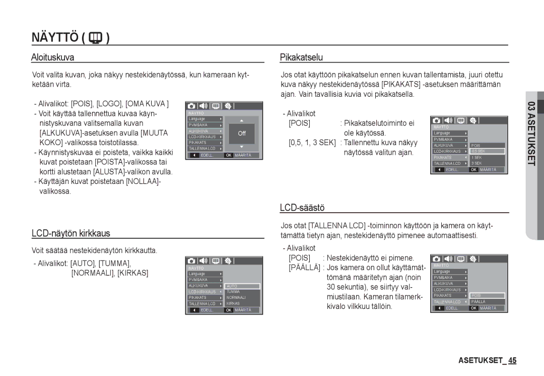 Samsung EC-S1060SBA/E2, EC-S1060BDA/E3, EC-S1060SDA/E3 manual Aloituskuva Pikakatselu, LCD-näytön kirkkaus LCD-säästö 