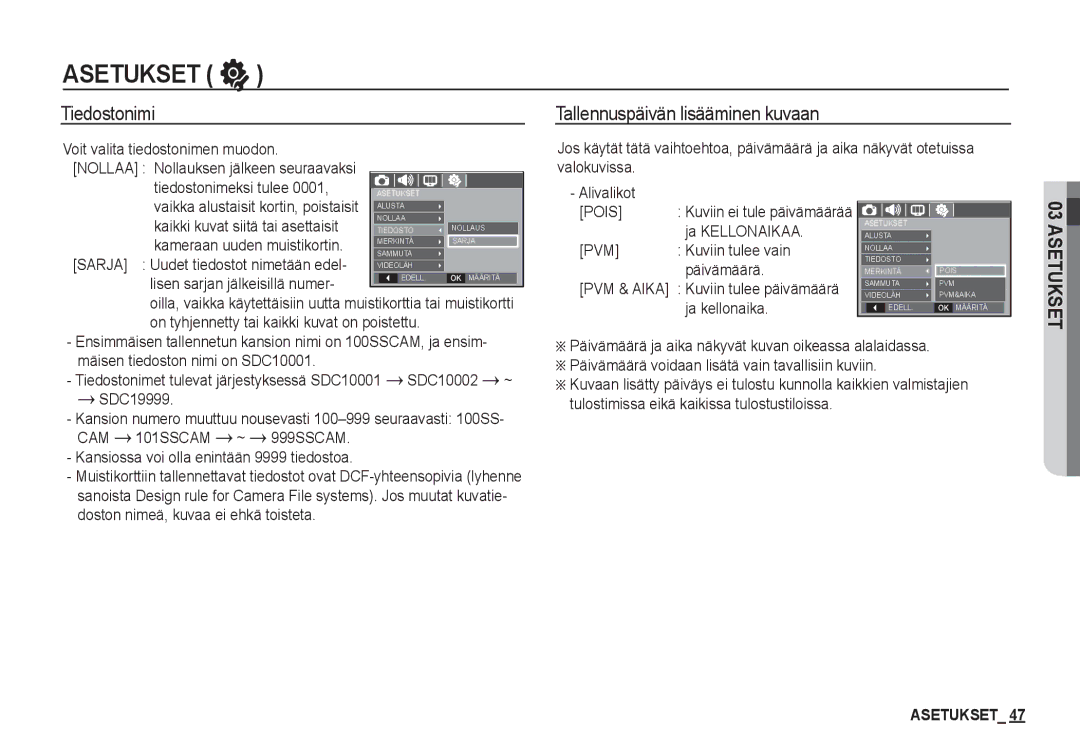 Samsung EC-S1050SBB/E2, EC-S1060BDA/E3, EC-S1060SDA/E3, EC-S1060SBA/E2 manual Tiedostonimi, Tallennuspäivän lisääminen kuvaan 