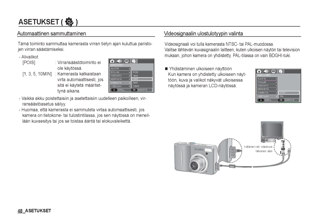 Samsung EC-S1060BBA/E2 Automaattinen sammuttaminen, Videosignaalin ulostulotyypin valinta, Yhdistäminen ulkoiseen näyttöön 