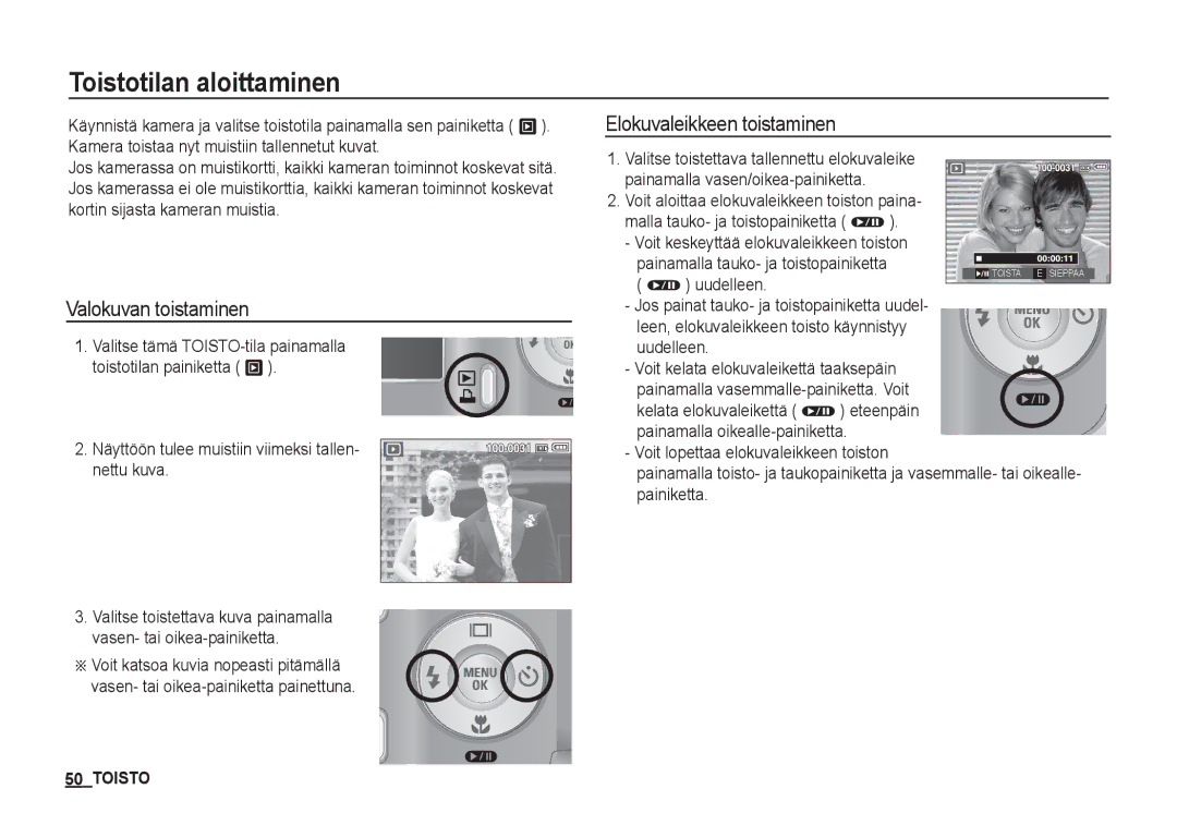 Samsung EC-S1050BBB/E2, EC-S1060BDA/E3 manual Toistotilan aloittaminen, Valokuvan toistaminen, Elokuvaleikkeen toistaminen 