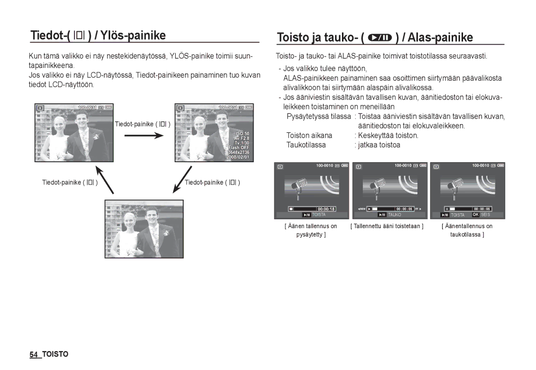 Samsung EC-S1060BDA/E3, EC-S1060SDA/E3 manual Tiedot- î / Ylös-painike, Toisto ja tauko- Ø / Alas-painike, Tiedot-painike î 