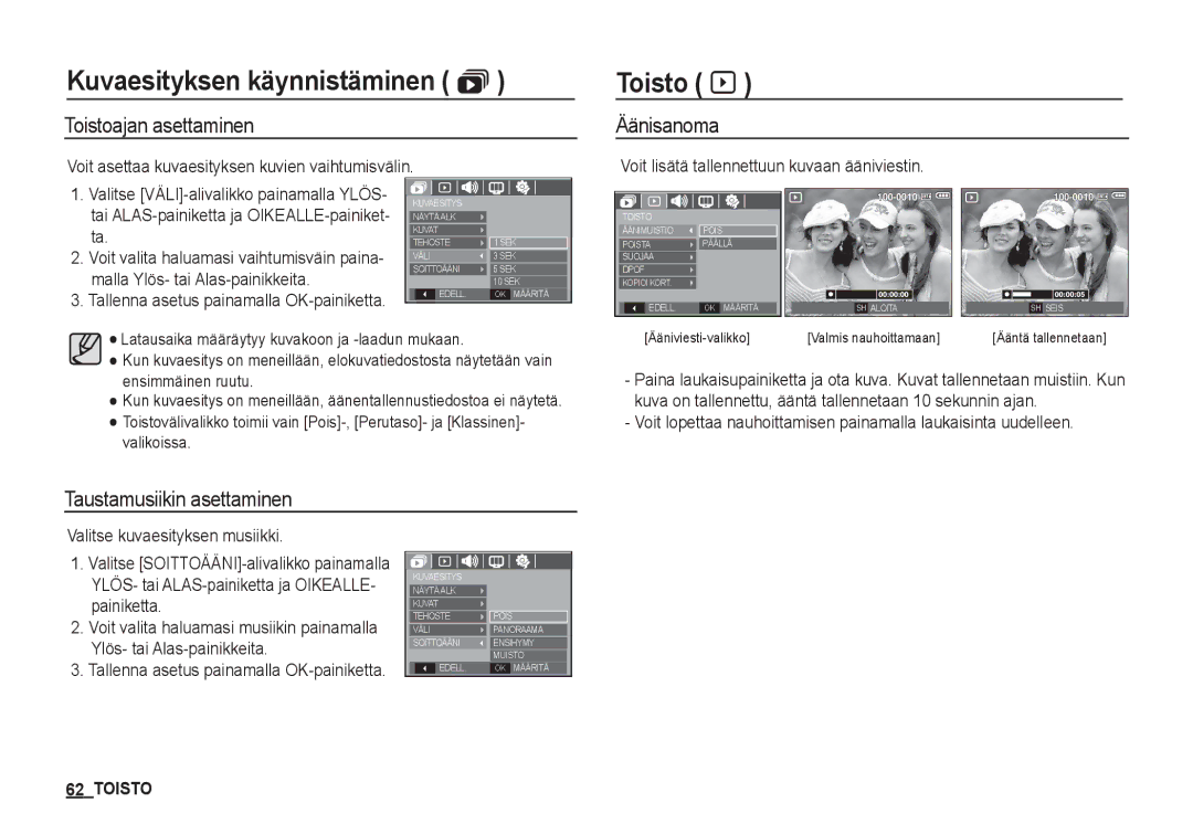 Samsung EC-S1050SFG/E2, EC-S1060BDA/E3 manual Toisto à, Toistoajan asettaminen, Äänisanoma, Taustamusiikin asettaminen 