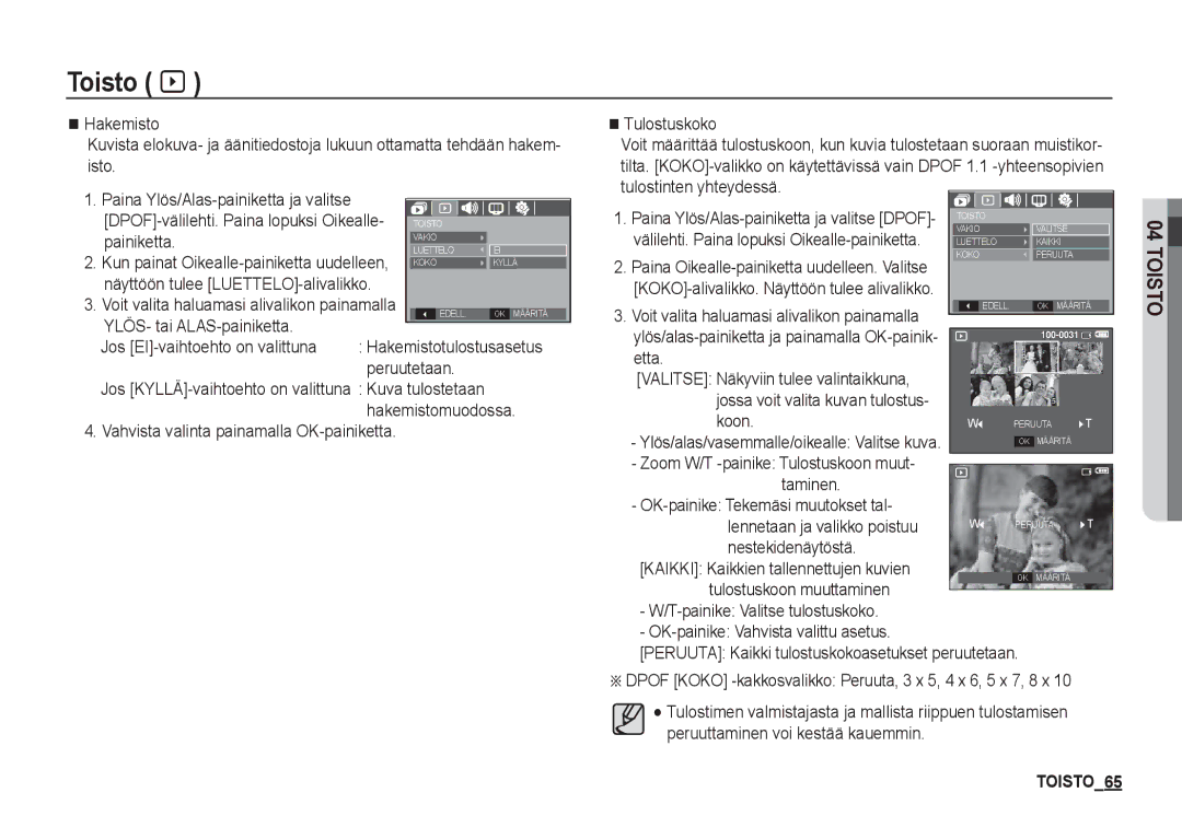 Samsung EC-S1060BDA/E3 manual Koon, Taminen OK-painike Tekemäsi muutokset tal, Nestekidenäytöstä, Tulostuskoon muuttaminen 