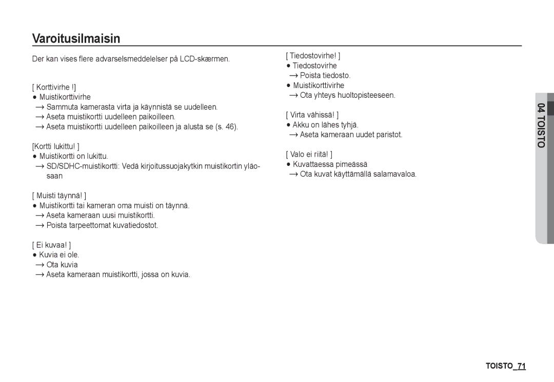 Samsung EC-S1050SDA/DE, EC-S1060BDA/E3 manual Varoitusilmaisin, Der kan vises flere advarselsmeddelelser på LCD-skærmen 