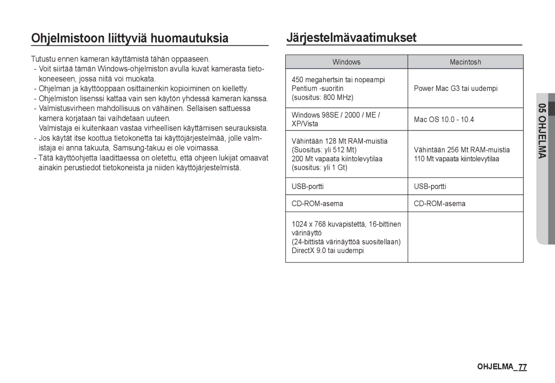 Samsung EC-S1060SDA/E3 Ohjelmistoon liittyviä huomautuksia, Järjestelmävaatimukset, Värinäyttö, DirectX 9.0 tai uudempi 