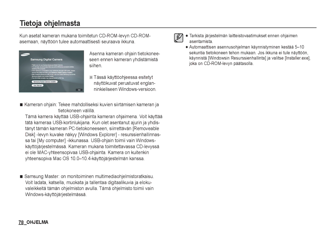 Samsung EC-S1060SBA/E2, EC-S1060BDA/E3, EC-S1060SDA/E3, EC-S1050BDA/DE, EC-S1050SBB/E2, EC-S1060BBA/E2 manual Tietoja ohjelmasta 