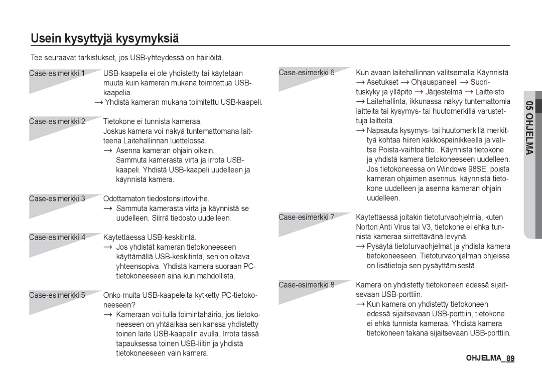 Samsung EC-S1060SBA/E2, EC-S1060BDA/E3 manual Usein kysyttyjä kysymyksiä, Case-esimerkki 4 Käytettäessä USB-keskitintä 