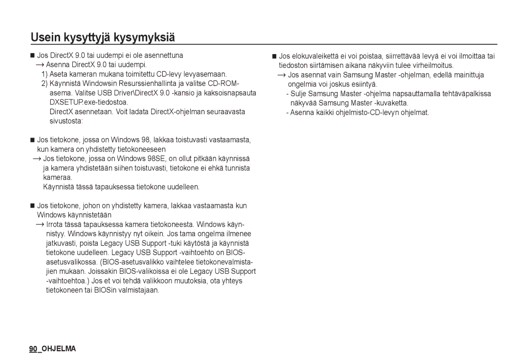 Samsung EC-S1050BDA/DE, EC-S1060BDA/E3, EC-S1060SDA/E3, EC-S1060SBA/E2, EC-S1050SBB/E2 manual Usein kysyttyjä kysymyksiä 