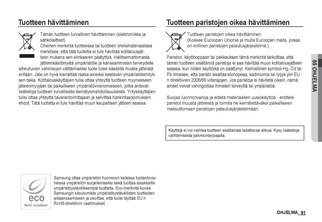 Samsung EC-S1050SBB/E2, EC-S1060BDA/E3, EC-S1060SDA/E3 manual Tuotteen hävittäminen, Tuotteen paristojen oikea hävittäminen 