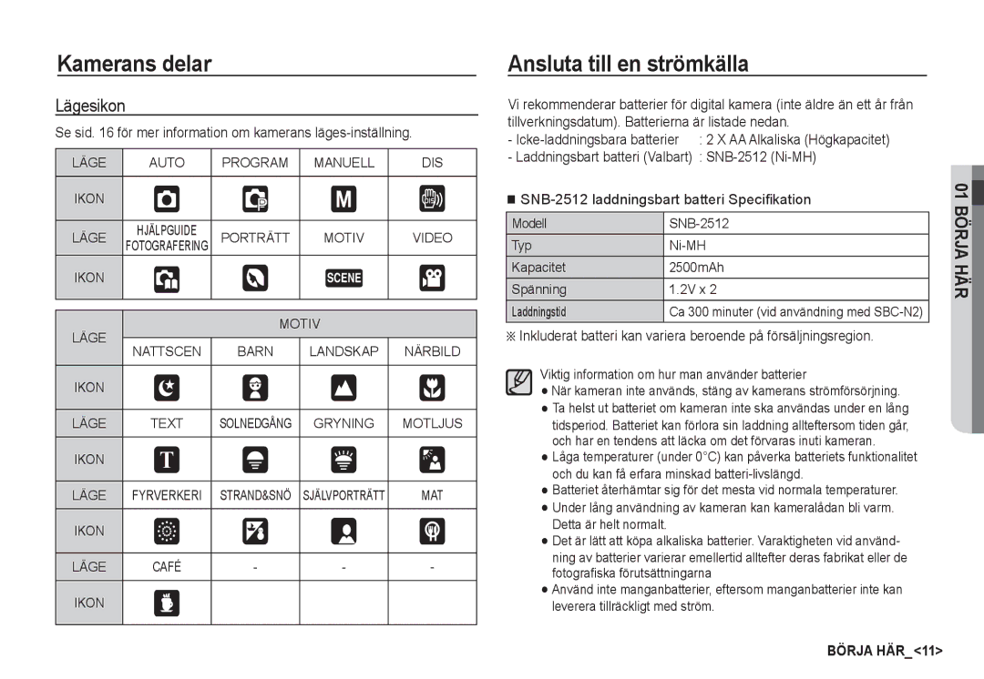 Samsung EC-S1060SDA/E3 Ansluta till en strömkälla, Lägesikon, Se sid för mer information om kamerans läges-inställning 