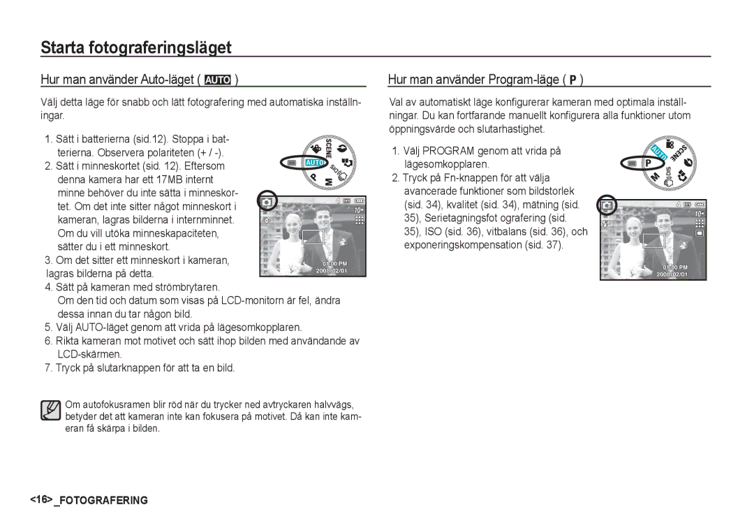 Samsung EC-S1050SDA/DE manual Starta fotograferingsläget, Hur man använder Auto-läget μ, Hur man använder Program-läge 