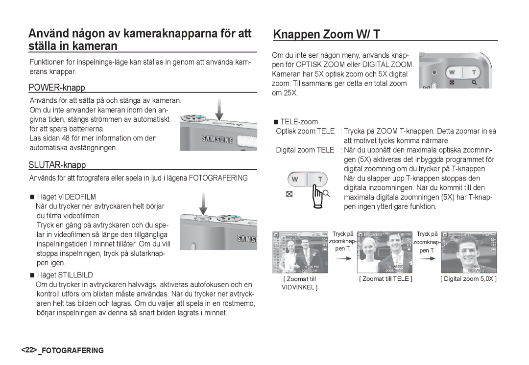 Samsung EC-S1060SDA/E3 manual Använd någon av kameraknapparna för att ställa in kameran, Knappen Zoom W/ T, POWER-knapp 