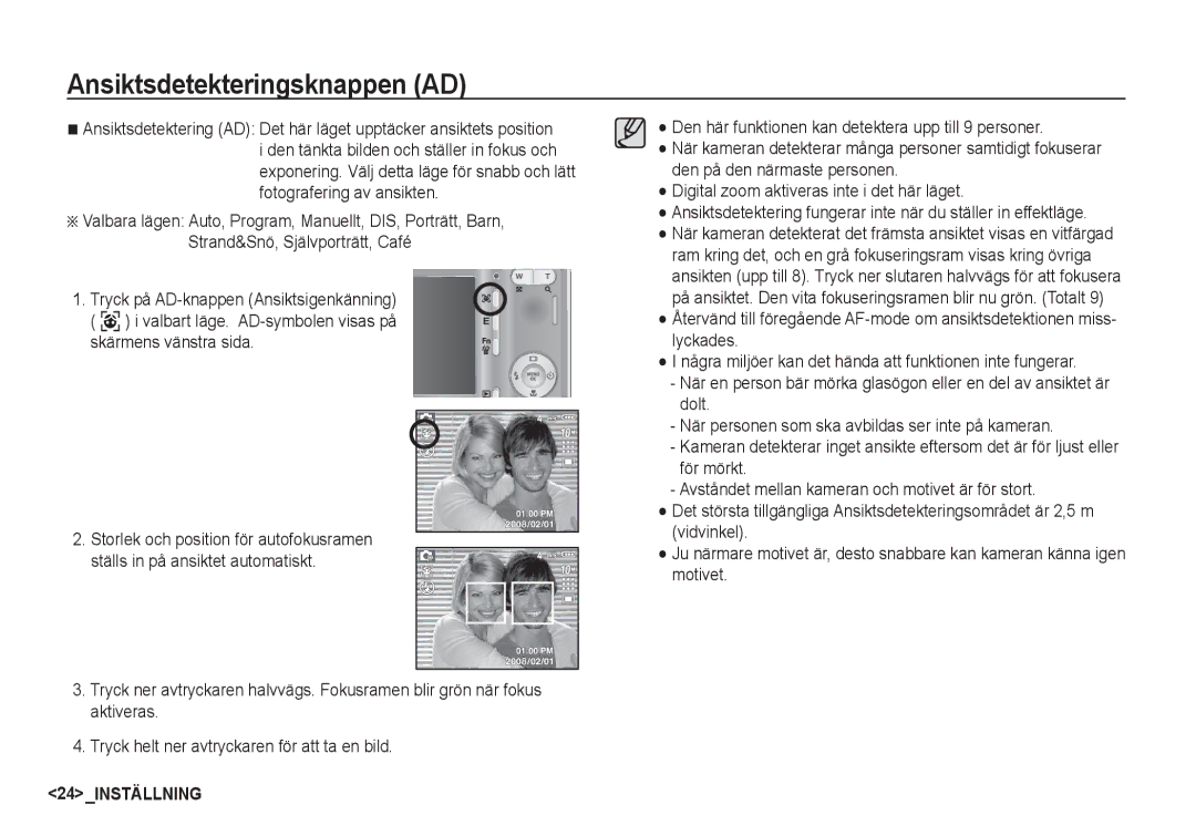 Samsung EC-S1050BDA/DE, EC-S1060BDA/E3, EC-S1060SDA/E3, EC-S1060SBA/E2 manual Ansiktsdetekteringsknappen AD, 24INSTÄLLNING 